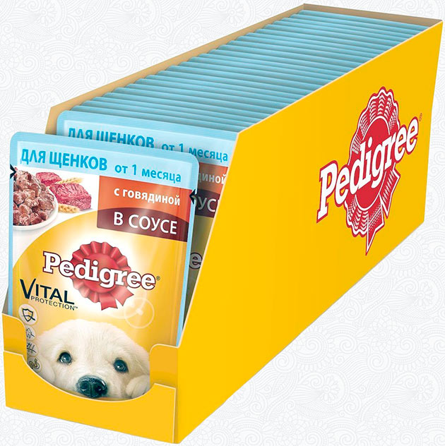 Сухие корма «Pedigree» в упаковке от 2кг стоят в районе 400 рублей, а влажные — около 40 рублей за 80гр